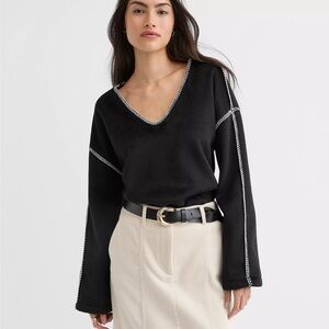 Black V-Neck Sweater with Contrast Stitching